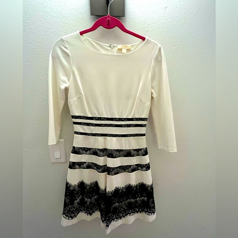 3/4 sleeve white with black lace skirt dress